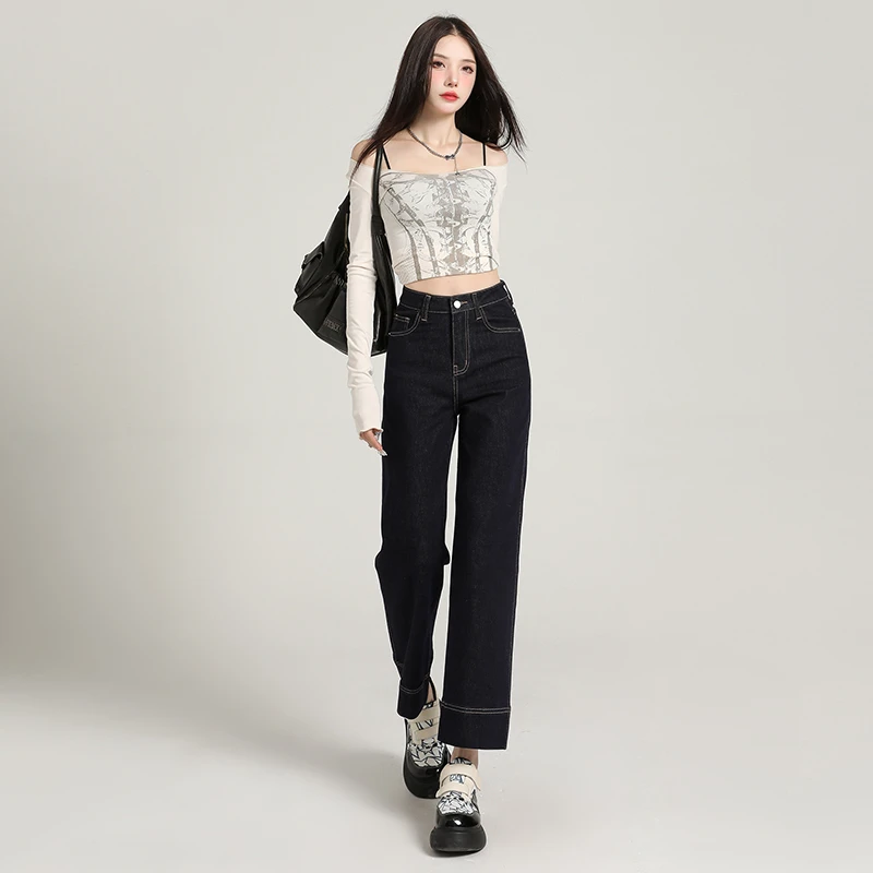 小个子九分直筒裤设计感烟管裤牛仔裤时尚皮牌高腰显瘦百搭法棍裤