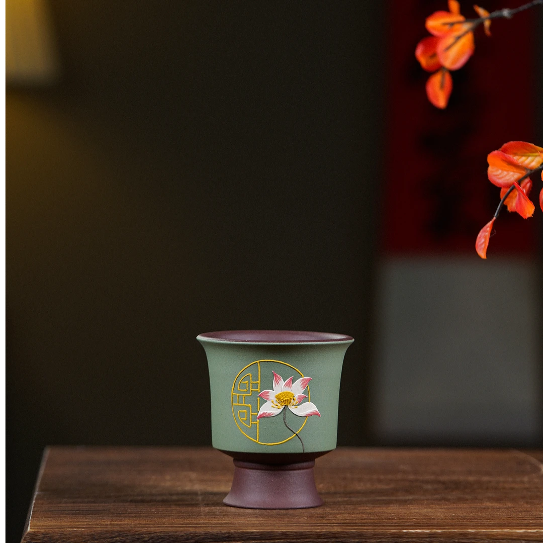 宜兴紫砂主人杯双色泥绘花绘粉浆苹果绿泥高脚闻香杯100cc手绘