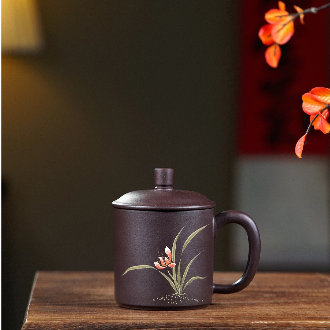 宜兴紫砂办公杯紫泥泥绘兰花盖杯200cc高档