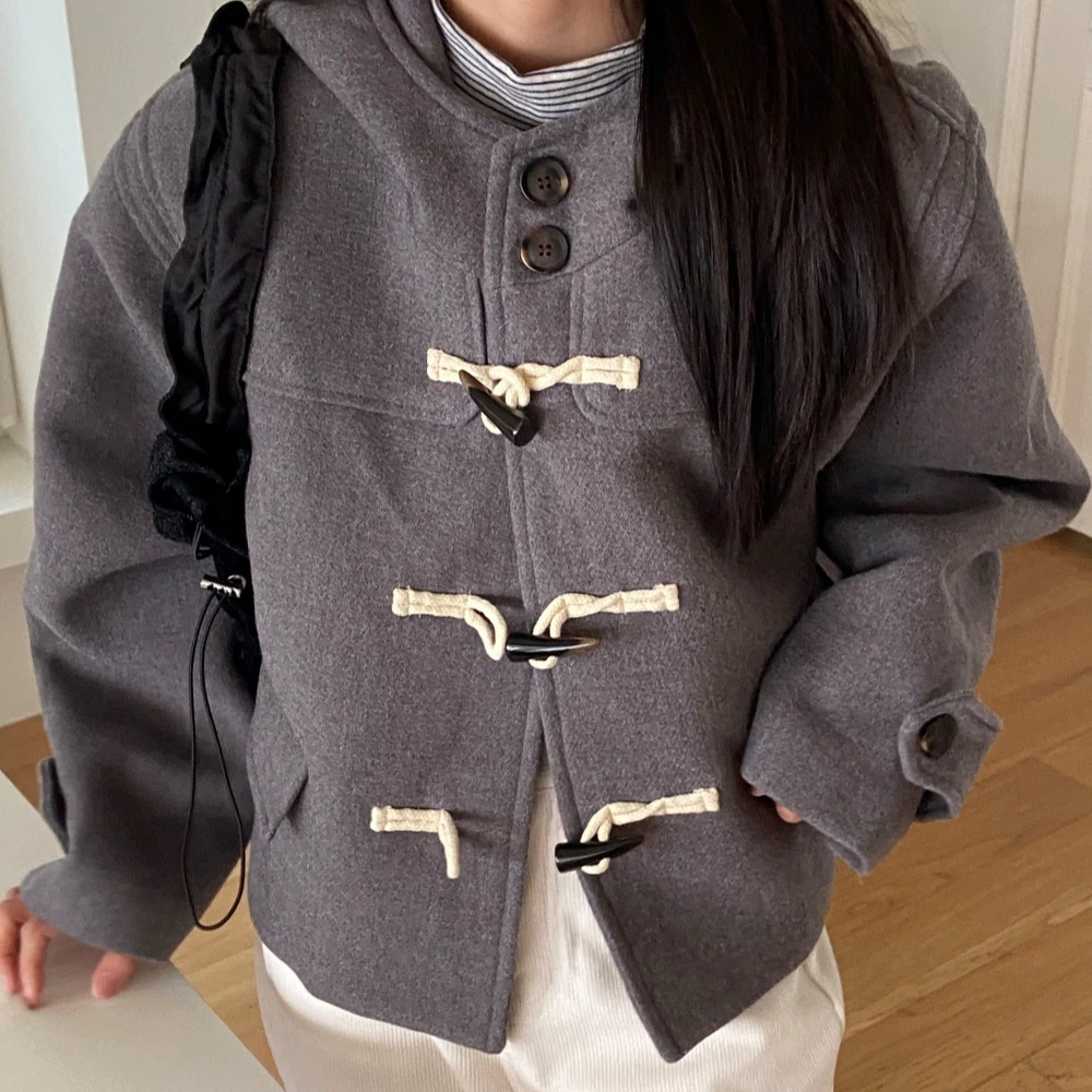 2024秋冬小个子短款毛角扣大衣