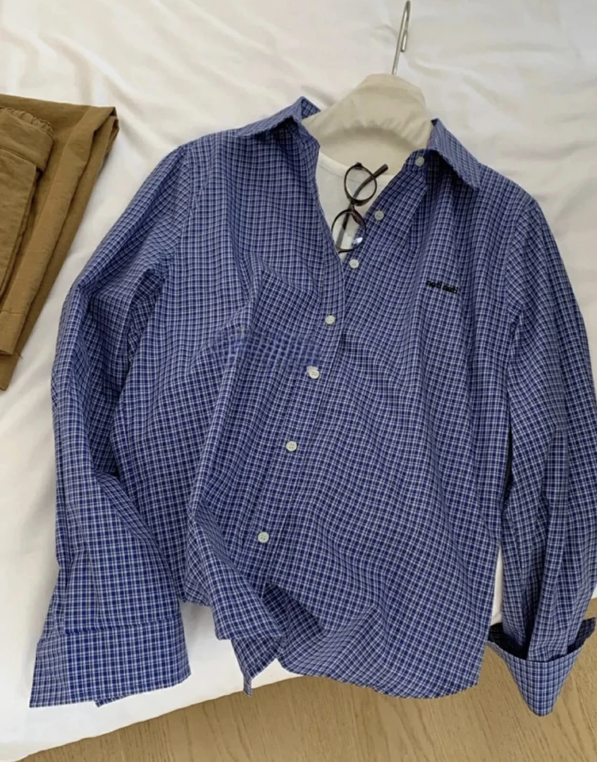 设计感翻领刺绣字母格子衬衫宽松长袖衬衣洋气上衣