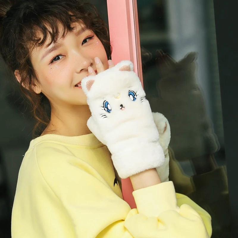 手套女冬季可爱韩版保暖加绒加厚棉毛绒卡通学生软妹露指半指冬天