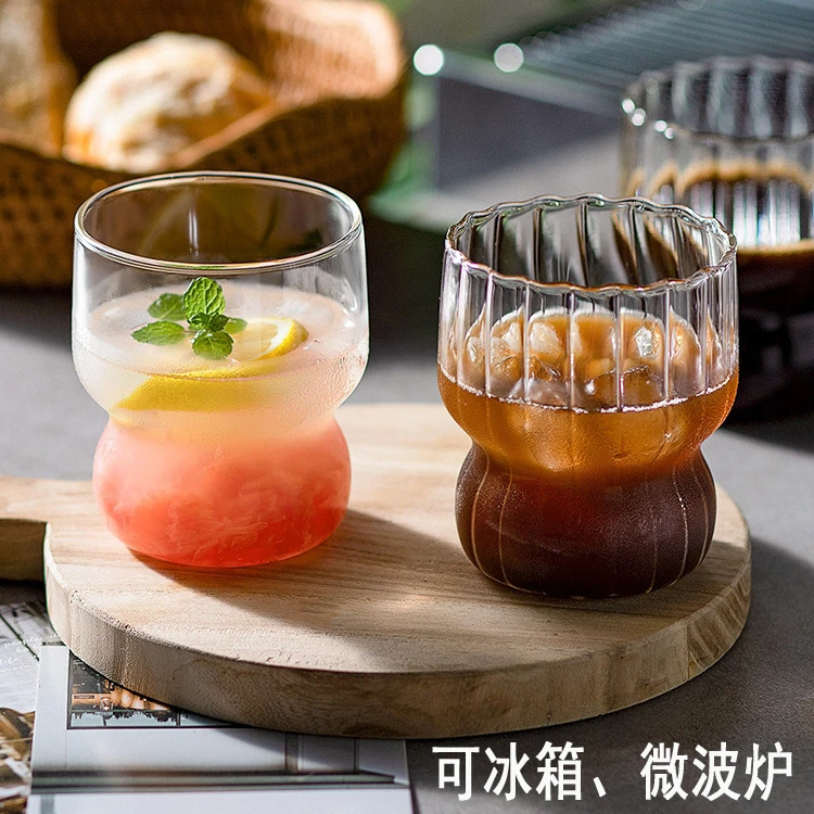 竖条纹冰美式拿铁咖啡杯耐高温水杯早餐牛奶杯网红胖胖玻璃杯新款