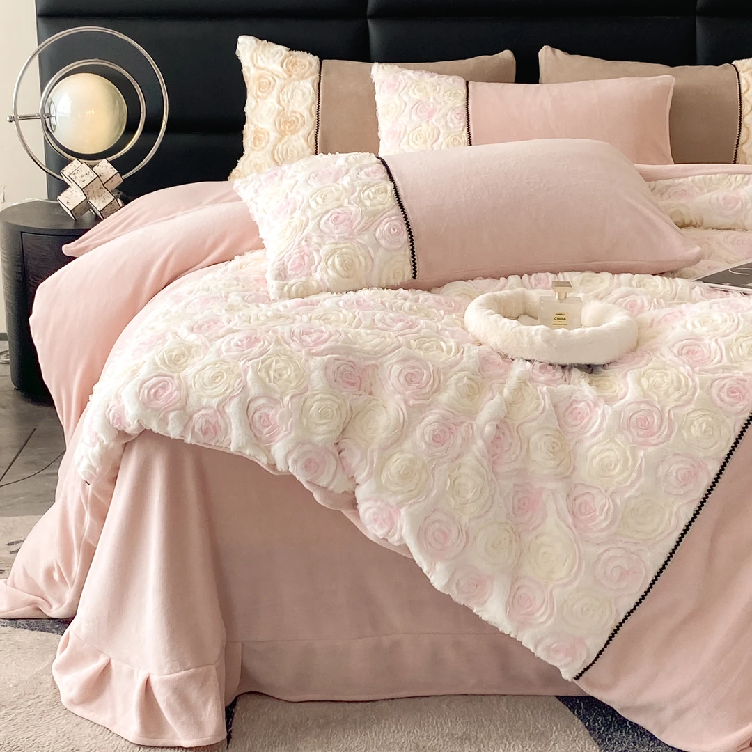 【玫瑰之约】冬季简约新款加绒加厚牛奶绒四件套