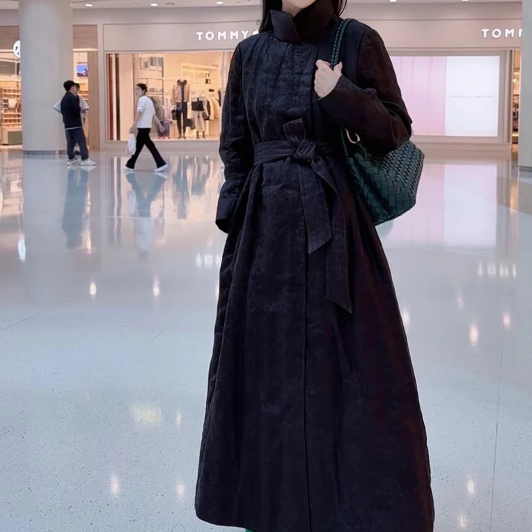 香云纱桑蚕丝长款收腰鹅绒服