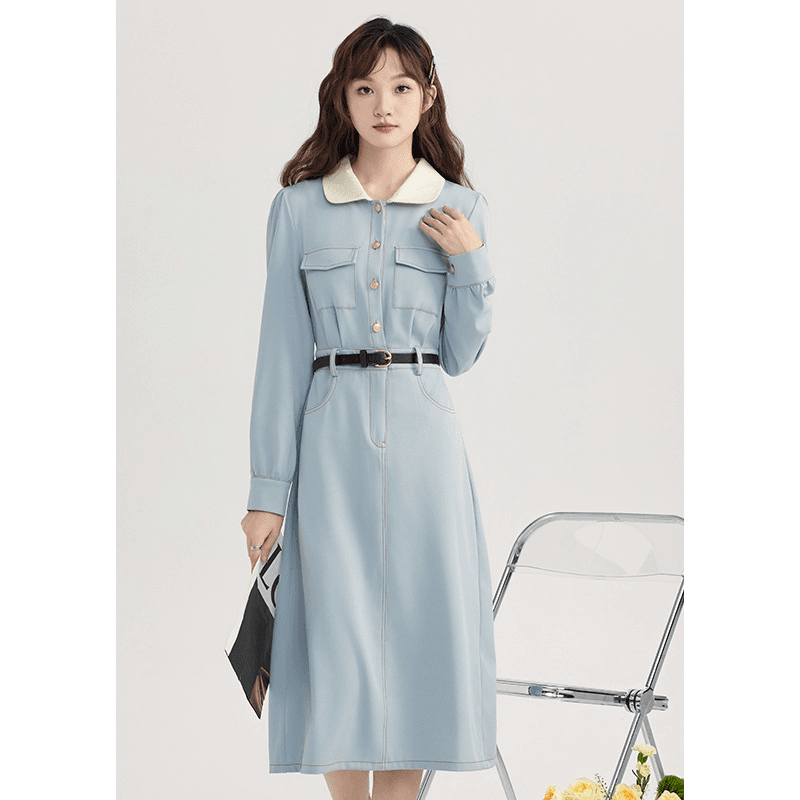 法式小香风撞色翻领长袖连衣裙收腰显瘦单排扣茶歇裙秋季女装穿搭