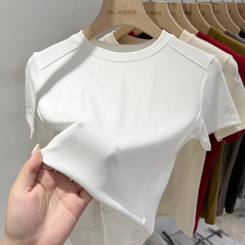 网红女装基础白色正肩短袖T恤女春夏季打底衫体恤小个子短款上衣