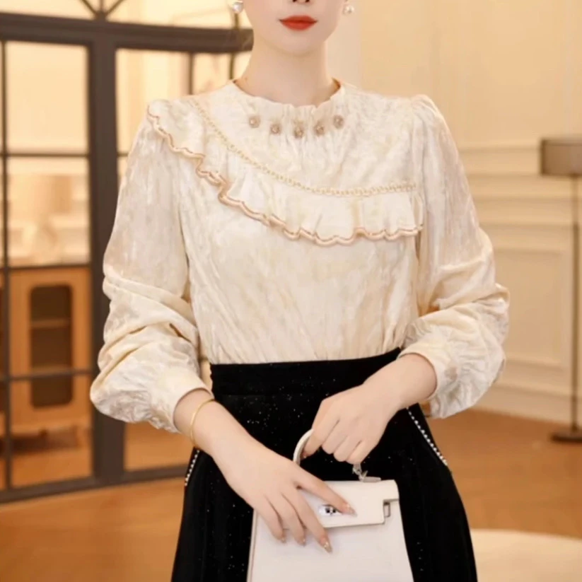 391丝绒法式气质小香风蝴蝶结长袖女2024新款衬衣高级感内搭上衣