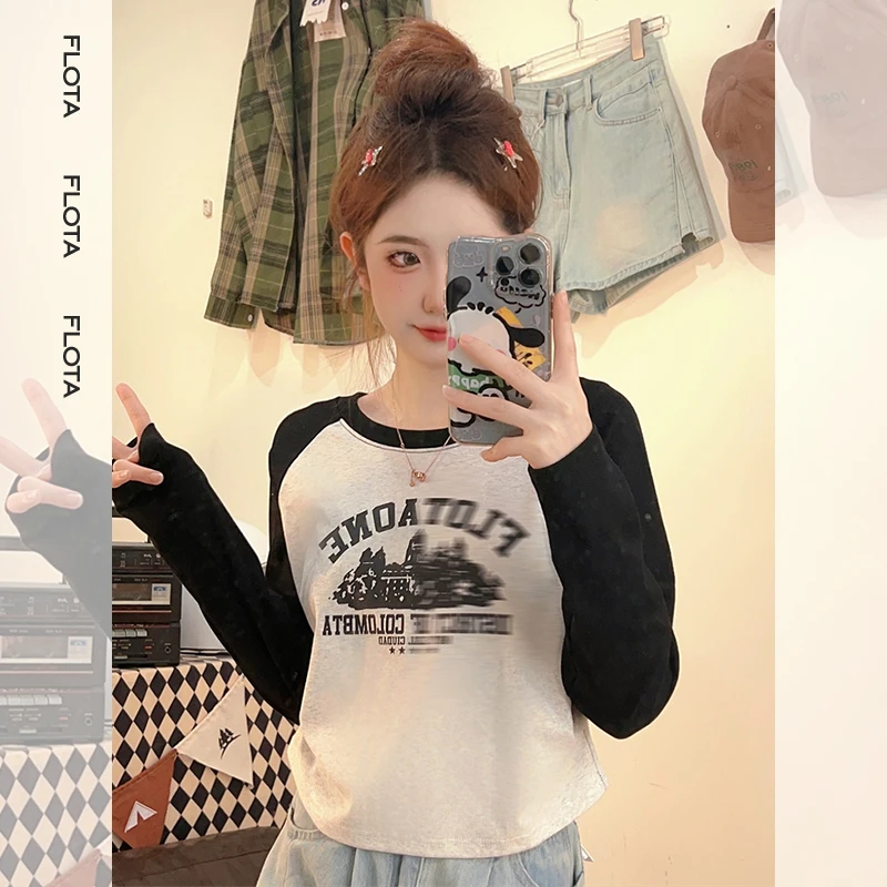 【flota】新款港味复古风长袖T恤女收腰插肩内搭外穿甜美风上衣1203