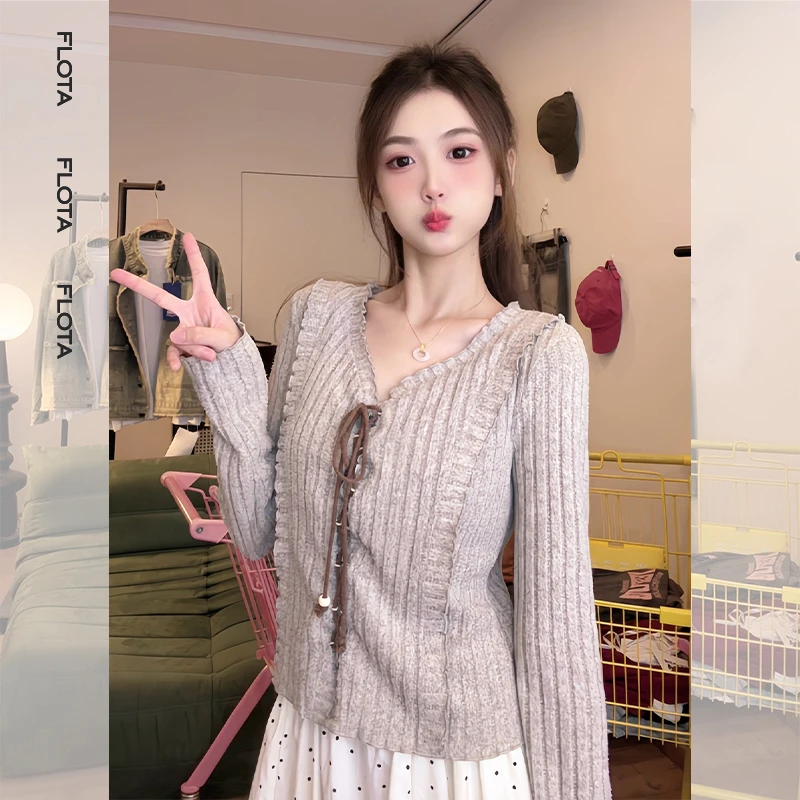 【flota】港式复古旧感V领薄款长袖T恤女绑带设计高级感上衣2181