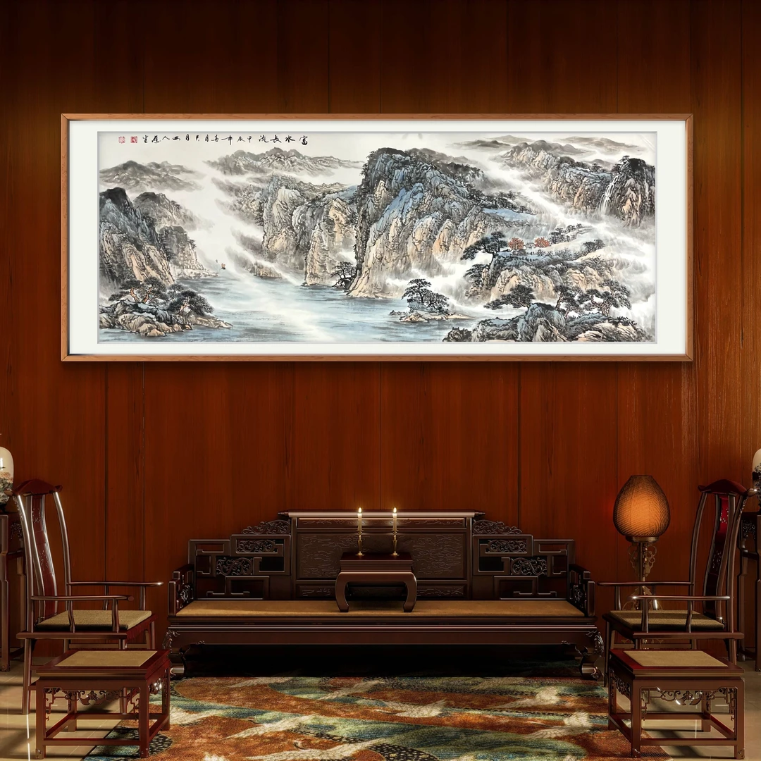 六尺横幅山水（富水长流），淡水墨淡彩山水，白色宣纸，己托底，不带框