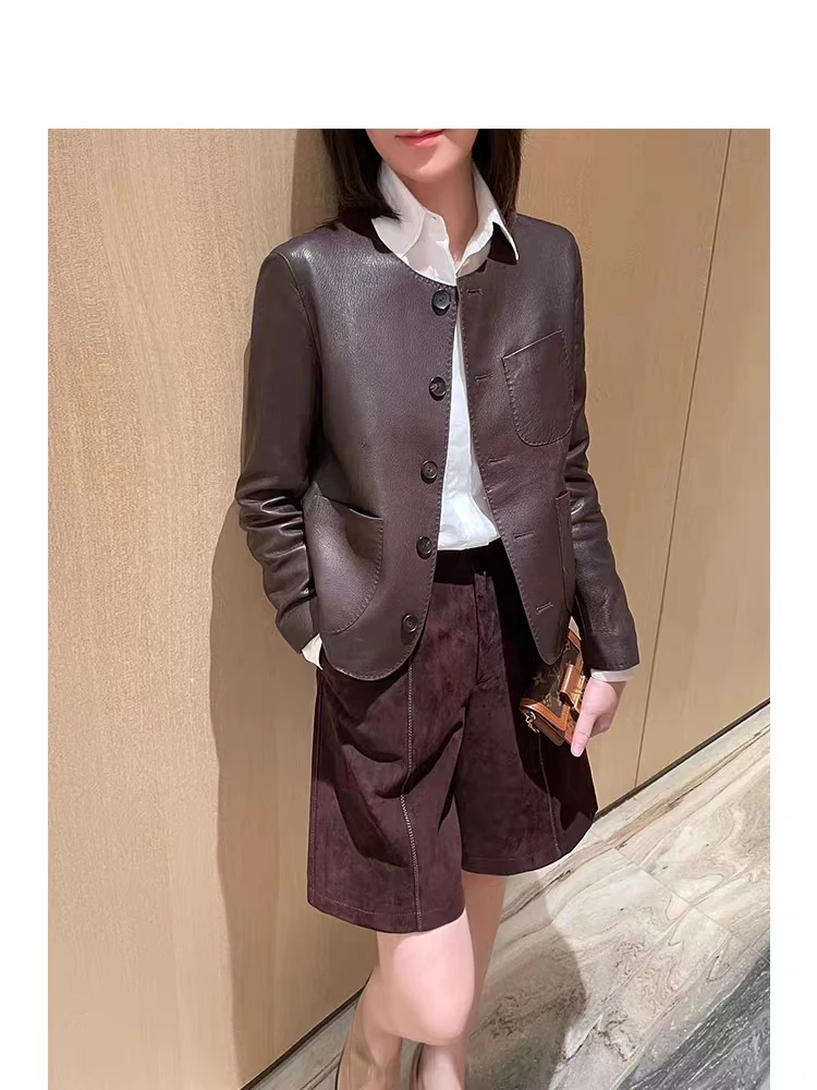 23023#轻奢名媛洋气宽松休闲海宁皮衣外套圆领羽绒内胆短款皮衣