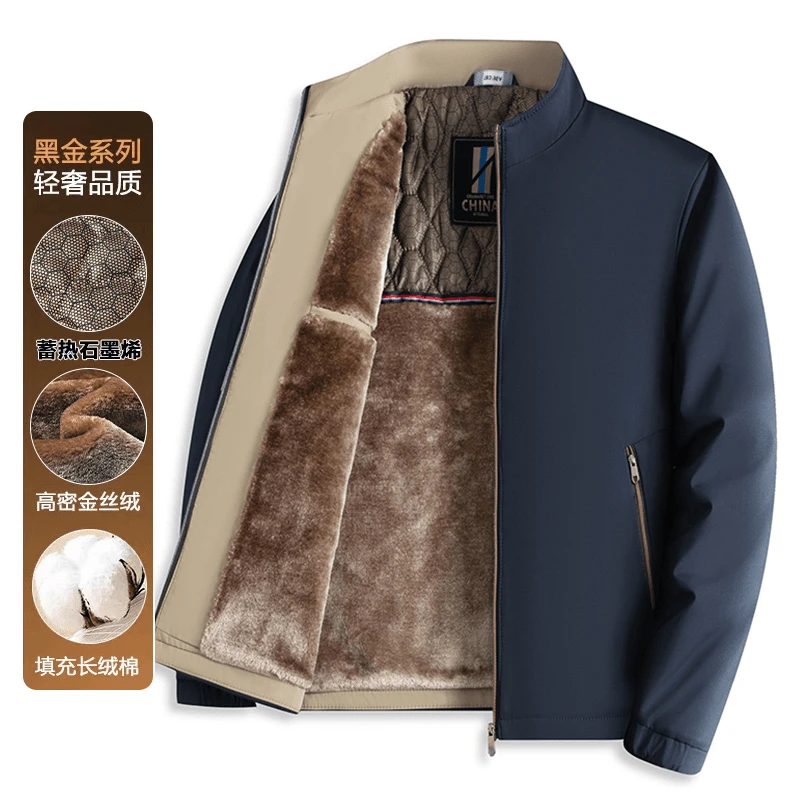【黑金加绒】冬季男款棉衣外套男士休闲商务加厚保暖立领中年棉服