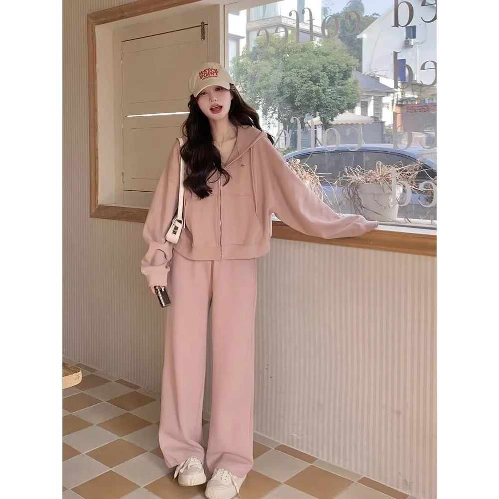 胖mm休闲运动套装女秋冬大码2-300斤宽松开衫卫衣+阔腿裤两件套潮