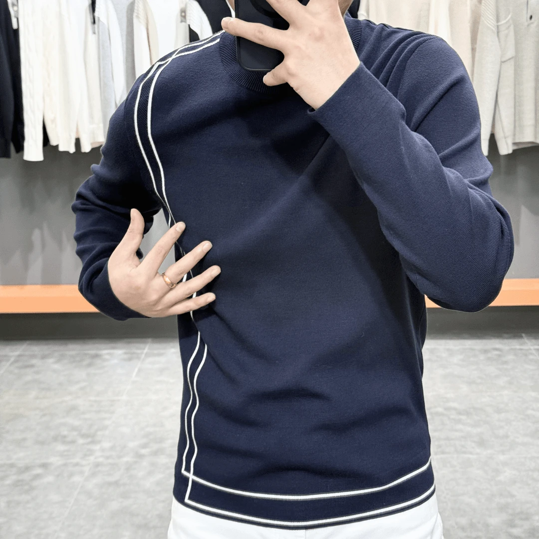 “KUNFAN坤梵”秋冬男士拼色竖条纹圆领针织衫时尚百搭潮流长袖毛衣