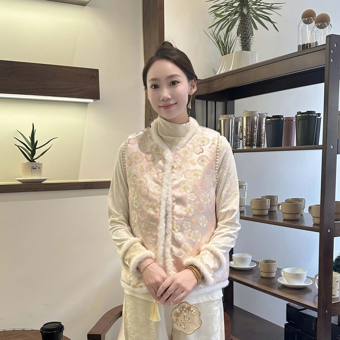 【锦瑟】新中式加棉百搭气质毛毛领珍珠马甲