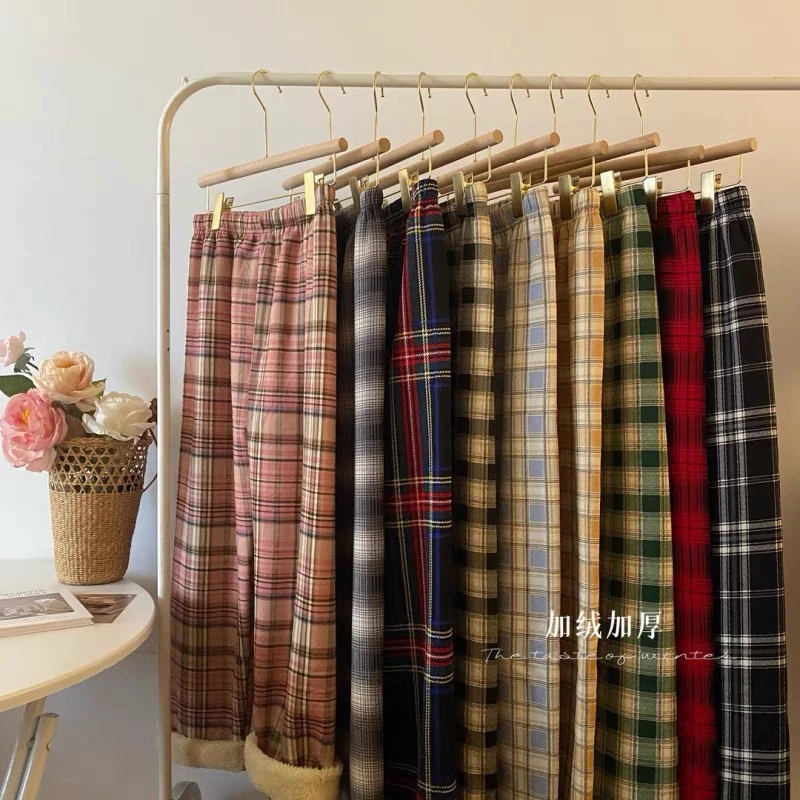 加绒加厚羊羔绒格子裤冬季新款直筒高腰显瘦窄版阔腿裤休闲保暖裤