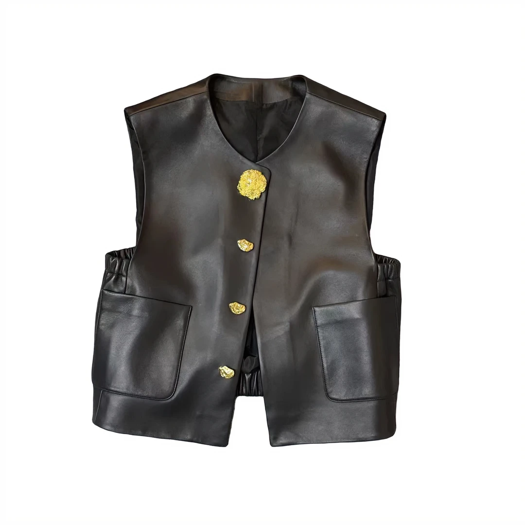 2024年秋季欧货新款真皮百搭短款马甲无袖休闲轻奢女气质2370