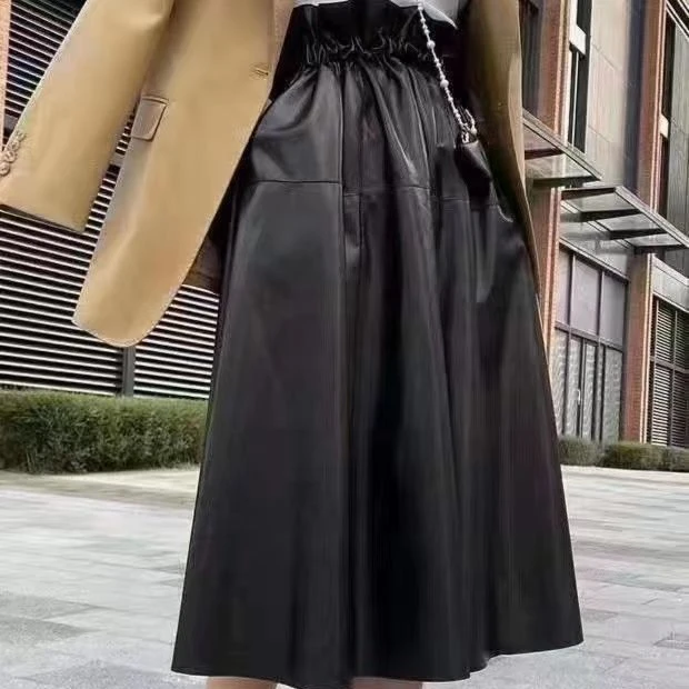 新款A字显瘦高腰时尚百褶皮裙春秋洋气百搭女士牛皮A字半身裙331