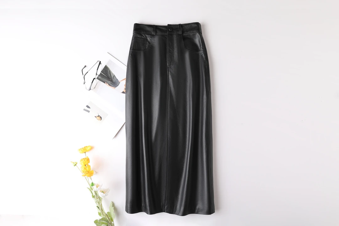 新款A字显瘦高腰时尚云朵腰皮裙秋冬百搭复古女士牛皮半裙8815