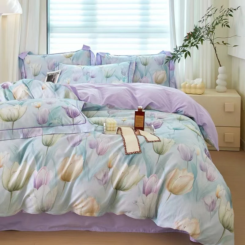 美家美家纺 纯棉印花套件四季款田园风四件套  宛如初见绿