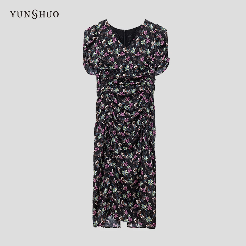 YUNSHUO碎花V领抽褶连衣裙569317