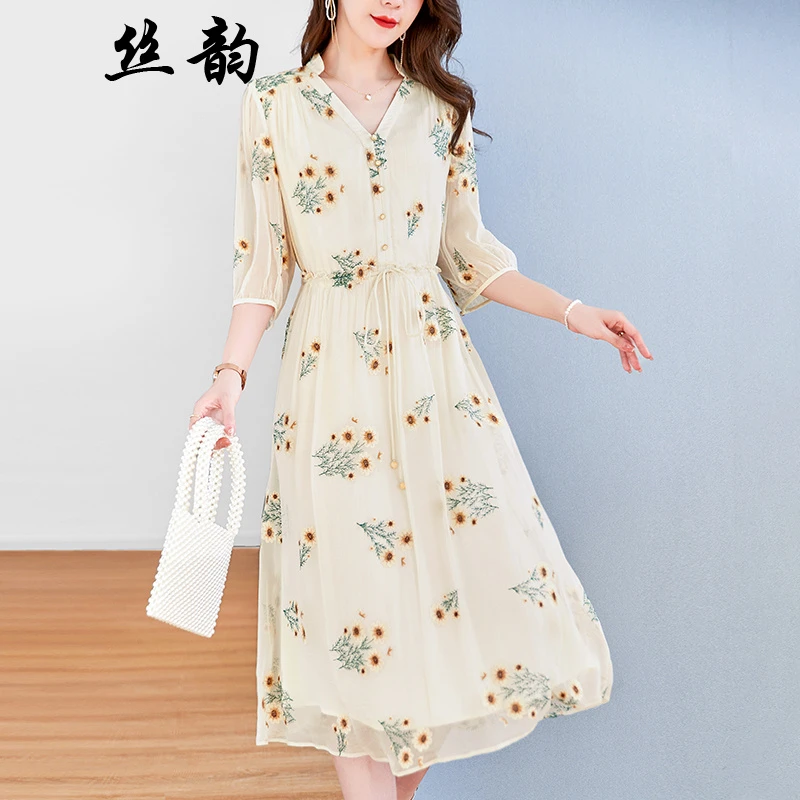{丝韵} 夏季6A级重工刺绣顺纡桑蚕丝真丝连衣裙女2912