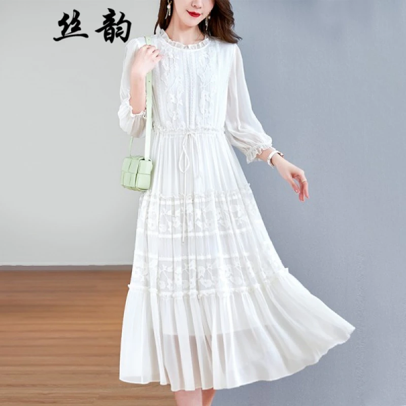 {绝代佳人} 6A重工刺绣桑蚕丝真丝连衣裙女9559