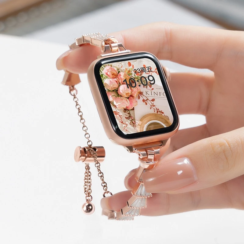 适用iwatch9苹果S10手表applewatch创意金属镶钻表带SE时尚高级感