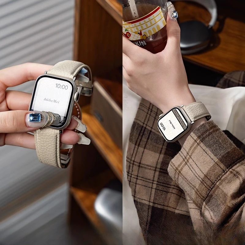 适用iwatch9苹果S10手表applewatch8/7/SE荔枝纹真皮表带磁吸表带