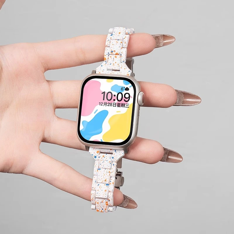 适用苹果S10手表iwatch9/8/SE表带applewatch新款泼墨树脂创意7女