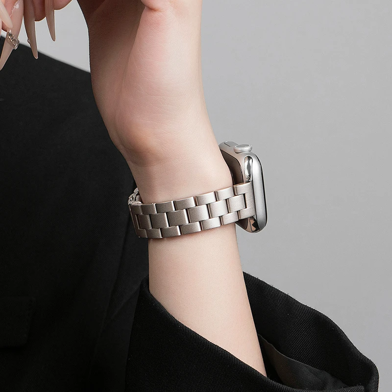 适用iwatch9苹果s10手表applewatch8/SE链式金属钢带商务高级透气