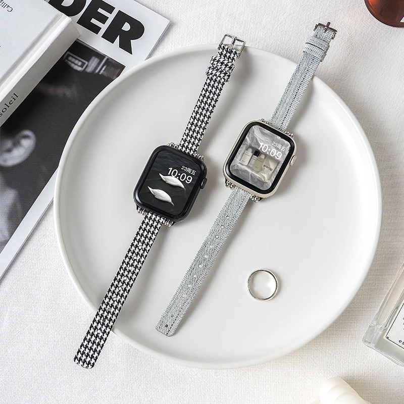 适用iwatch9苹果S10手表applewatch8帆布尼龙表带SE女高级7千鸟格