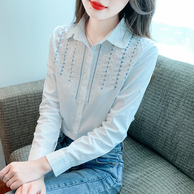 2025年春季新款纯棉刺绣白色POLO领洋气长袖衬衫女气质百搭上衣