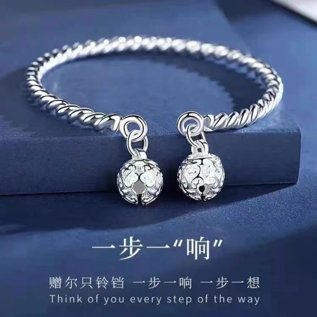 钛钢手镯 古风铃铛双宫铃一步一响手镯女款百搭不掉色可调节镯子