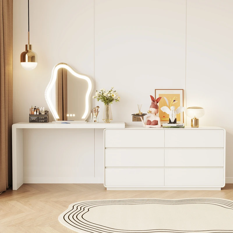 奶油风白色梳妆台卧室现代简约收纳斗柜一体实木伸缩轻奢化妆桌