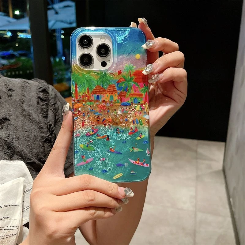 热带风情度假沙滩人群适用苹果手机壳iPhone15冰川纹14高级12pro