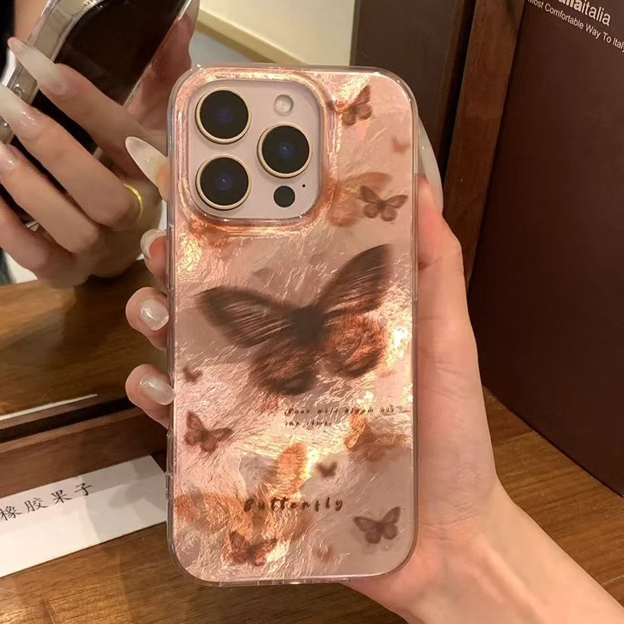 韩系晕染蝴蝶适用苹果13手机壳iPhone15冰川纹14高级12promax透明