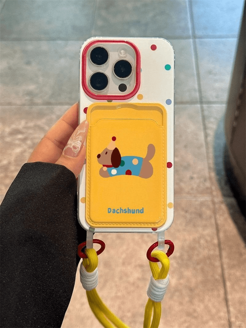 波点腊肠狗苹果15手机壳iPhone13卡包14挂绳12promax透明11大孔78