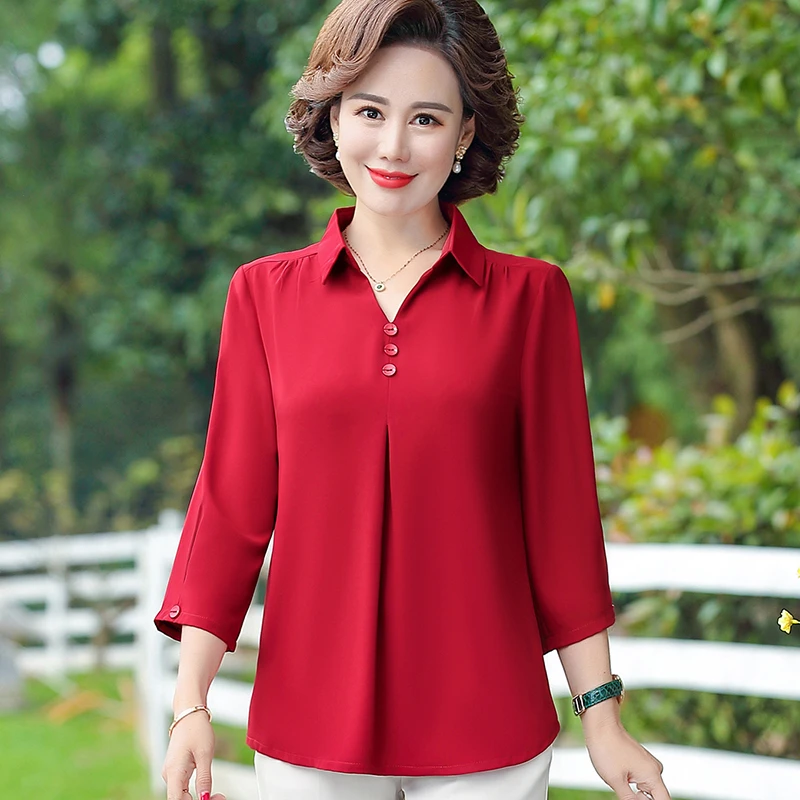 中年妈妈夏装上衣七分袖衬衫领T恤大码宽松上衣中老年女显瘦