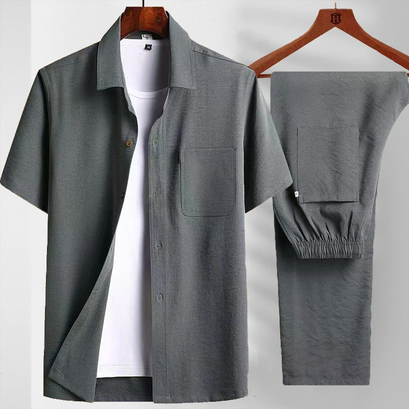 夏季男士薄款冰丝短袖套装中老年人衬衫长裤两件套爸爸装夏天衬衣