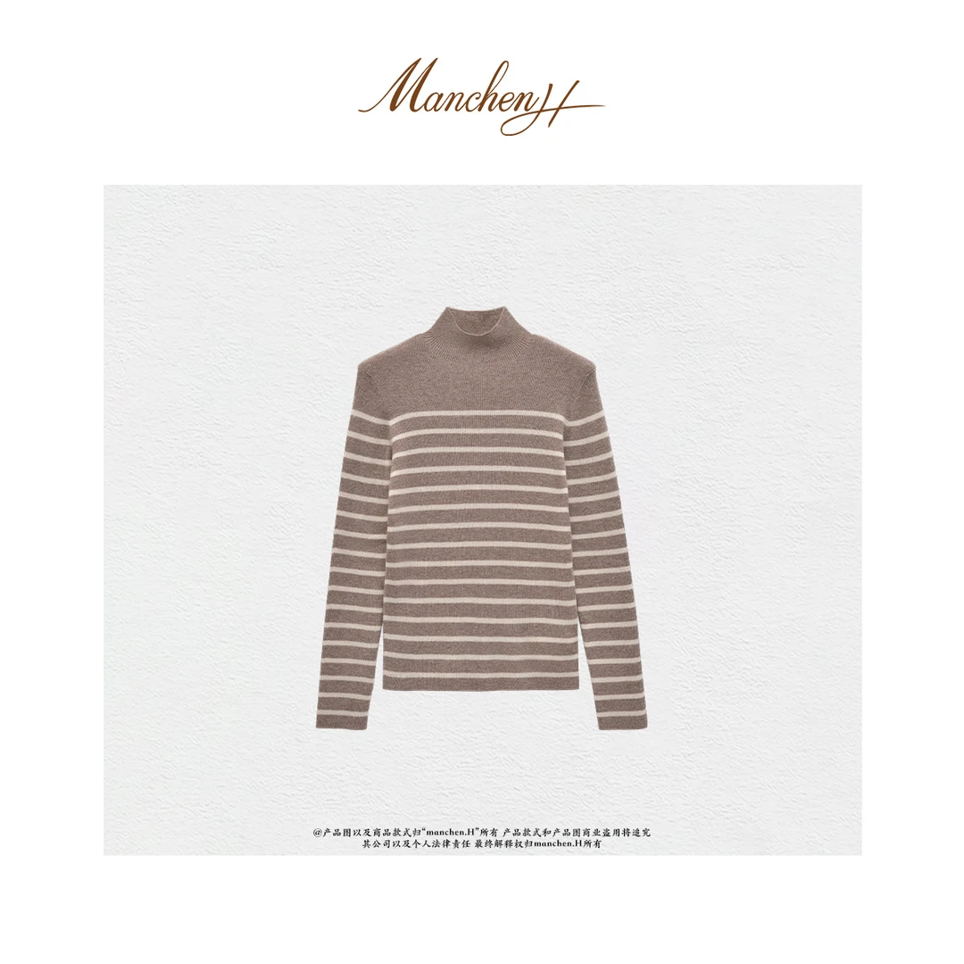 曼辰manchenh“智暖底色”原厂纱100精纺羊绒条纹针织上衣