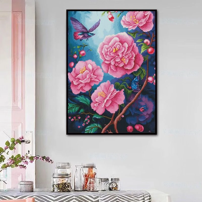 山茶花十字绣满绣45色卧室客厅床头蝶恋花简单牡丹花简约唯美小件