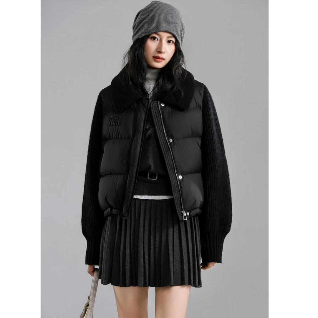 2024冬季新款女装针织拼接新标90白鸭绒羽绒服时尚保暖外套833
