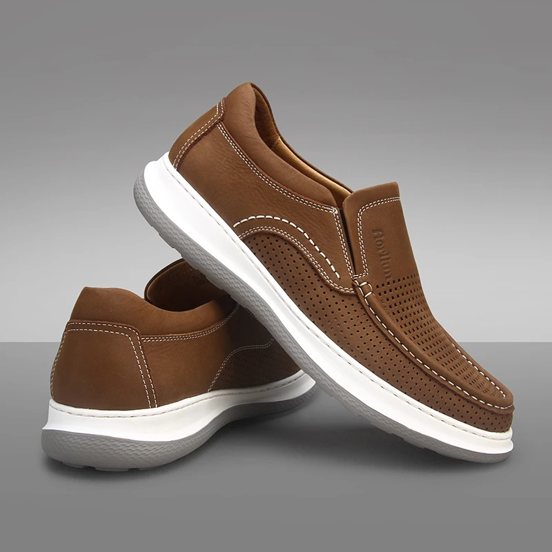 男士休闲鞋真皮头层磨砂牛皮镂空透气休闲皮鞋超轻软底一脚蹬男鞋