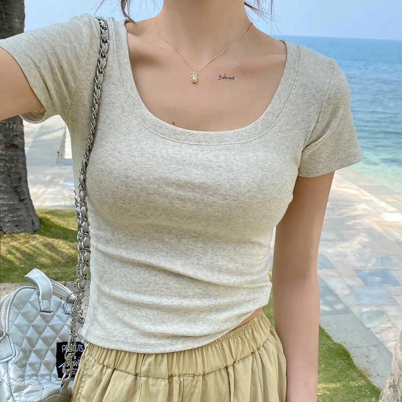 短袖t恤女2025新款爆款纯色U领夏季百搭小个子短款修身显瘦上衣潮