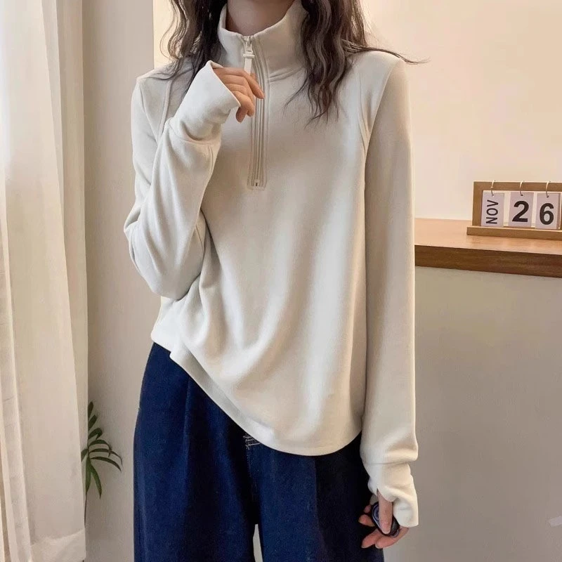 时尚百搭德绒半拉链立领T恤女秋冬新款韩版显瘦打底宽松上衣休闲