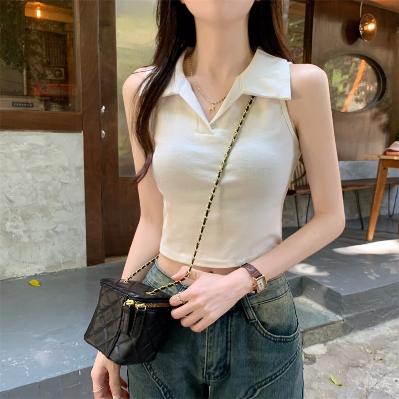 复古辣妹polo领小背心女夏季短款小众别致打底衫百搭无袖纯色上衣