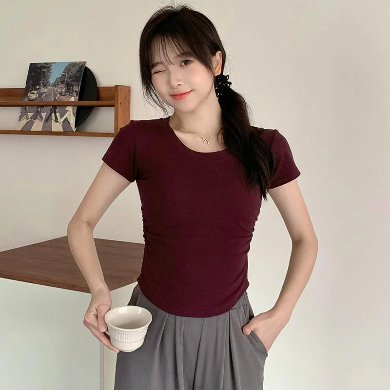 2025短款气质U领短袖打底衫修身显瘦ins不规则纯色内搭简约百搭女