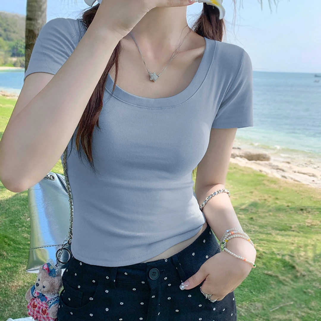 夏季正肩纯色短袖T恤女U领显锁骨修身百搭显瘦设计感小众紧身圆领